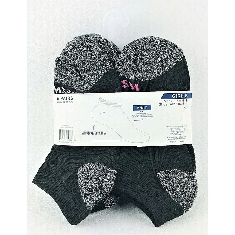 K Swiss Girls 6 Pair Low Cut Socks Black/Grey w Color Size 6-8 Shoe Sz 10.5-4